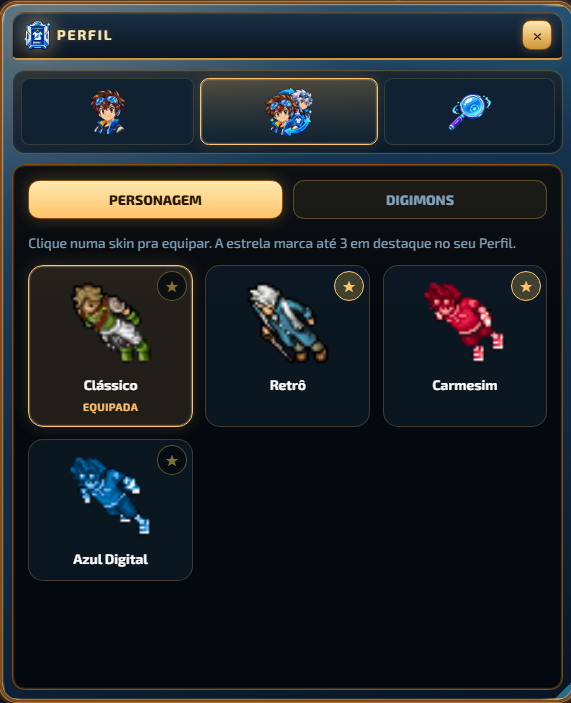 Aba Skins, escolhendo e favoritando aparências
